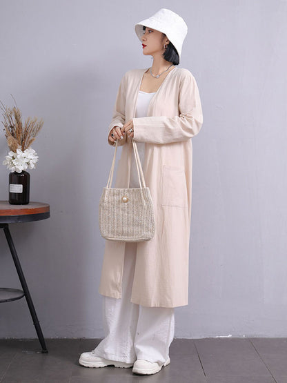 Simple Ramie Cotton Solid Color Long Sleeves Long Outerwear