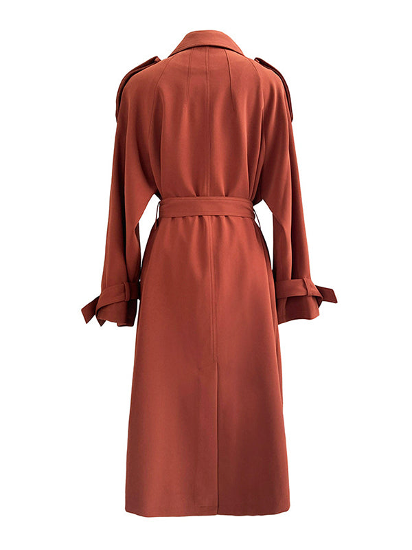 Chic Solid Color Buttoned Tied Notched Collar Long Sleeves Trench Coat