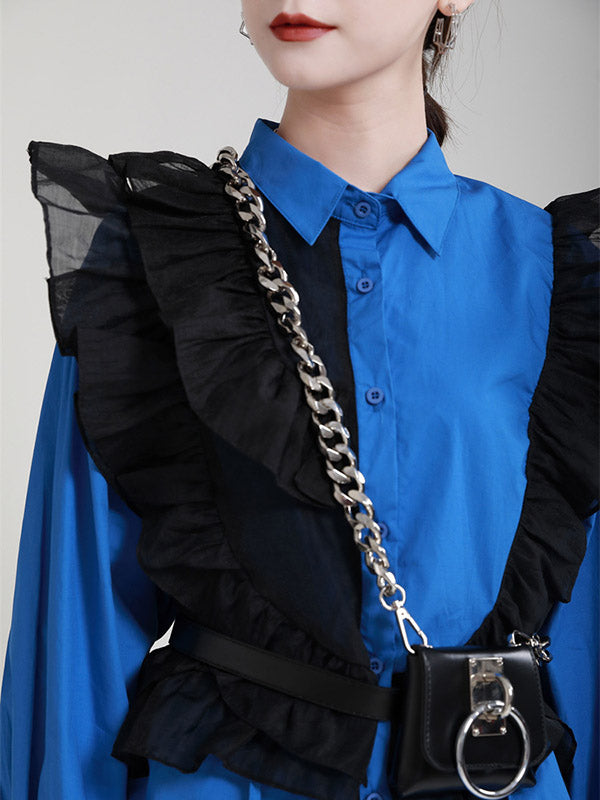 Stylish Irregular Contrast Color Split-Joint Falbala Mesh Drawstring Buttoned Lapel Collar Long Sleeves Blouse