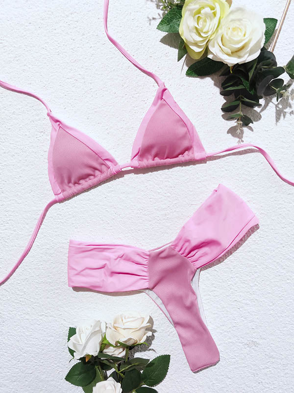 Triangle Split-Joint Bandage Ribbed Bikini Swimwear