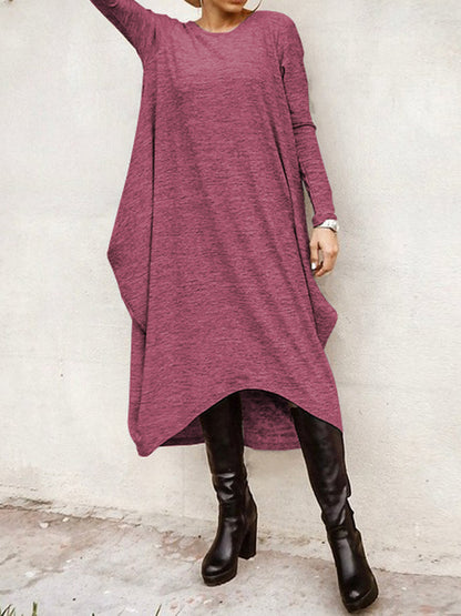 Simple Solid Color Round-Neck Long Sleeves Midi Dress