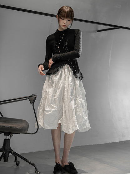 Stylish Asymmetric Buttoned Hollow Lace Stand Collar Long Sleeves Knitwear Cardigan
