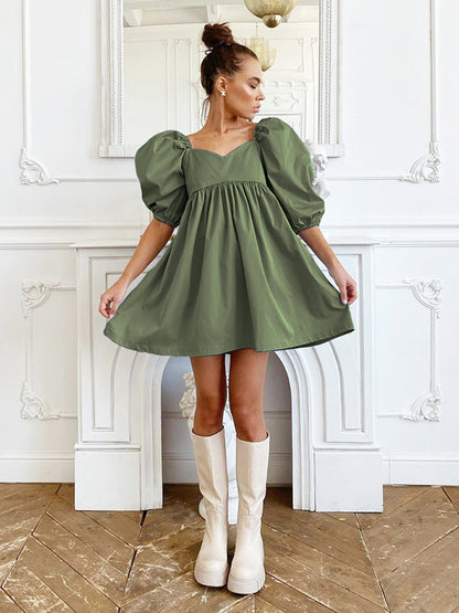 Stylish Split-Joint Pleated Puff Sleeves A-Line Mini Dress