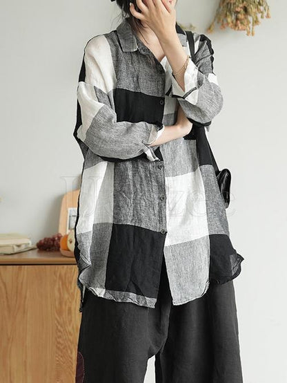 Retro Linen Plaid Long Shirt