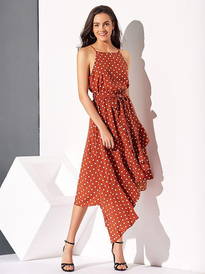Polka-Dot  Printed  Irregular Hem  Sleeveless Midi Dress