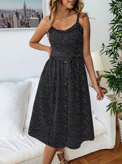 Simple 3 Colors Polka-dot V-neck Midi Dress