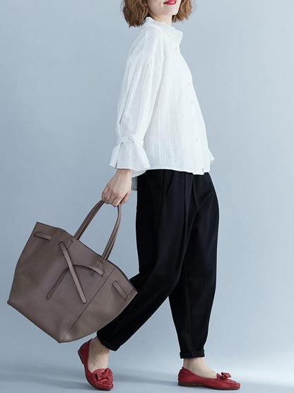 Jacquard Falbala Puff Sleeves Blouse