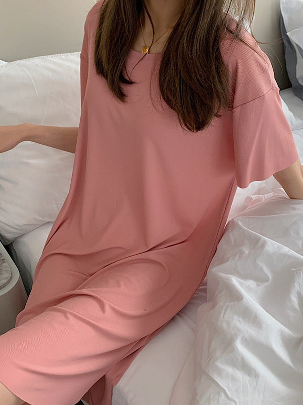 Casual Solid Color Short Sleeve Round-Neck Dress