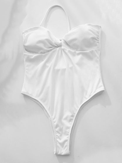Ribbed One-Shoulder Bowknot Solid Color One-Piece Swimwear