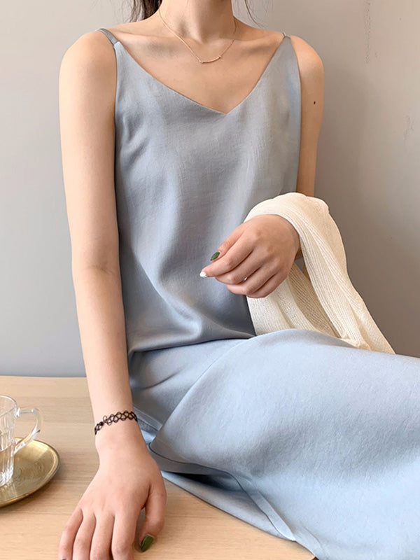 Urban Solid Color Spaghetti-Neck Loose Midi Dress