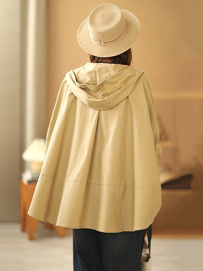 Urban Buttoned Solid Color Hooded Batwing Sleeve Loose Outerwear