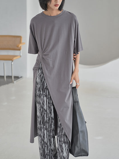 Casual Girlish Split-Side Pleated Half Sleeves Round-Neck Long T-Shirts