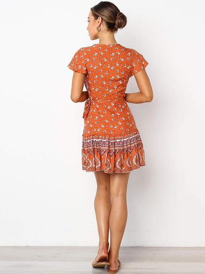 Floral Flared Sleeves V-neck Mini Dress