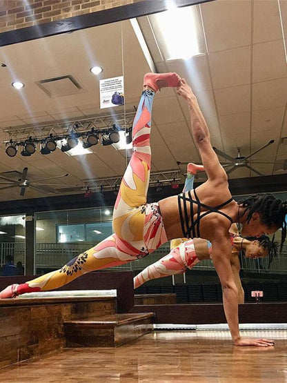 Printed Back Bandage Tanks And Wide Waistband Leggings Suits
