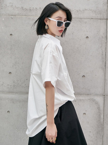 Urban Solid Color High-Low Batwing Sleeves Lapel V-Neck Shirts