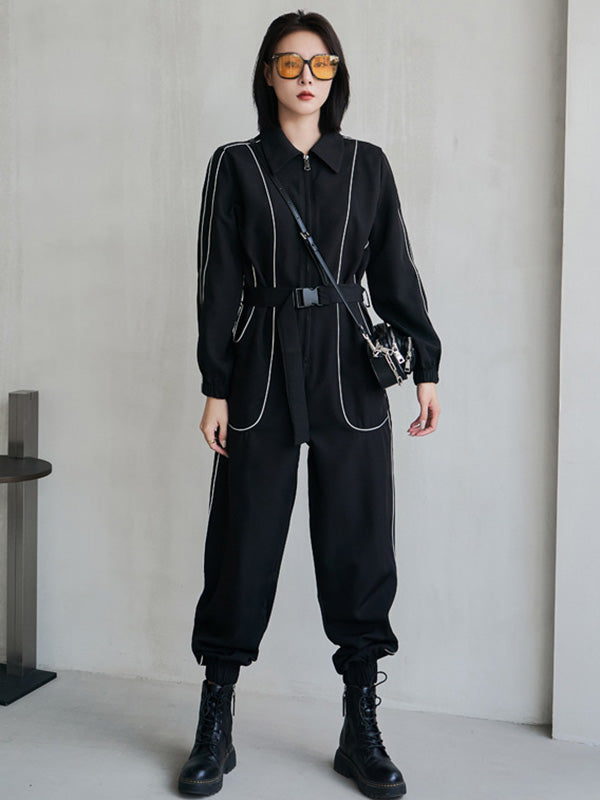 Cool Street Loose High-Waist Zipper Reflective Stripe Lapel Collar Long Sleeves Wide Leg Jumpsuits
