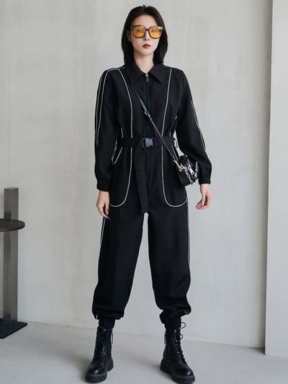 Cool Street Loose High-Waist Zipper Reflective Stripe Lapel Collar Long Sleeves Wide Leg Jumpsuits
