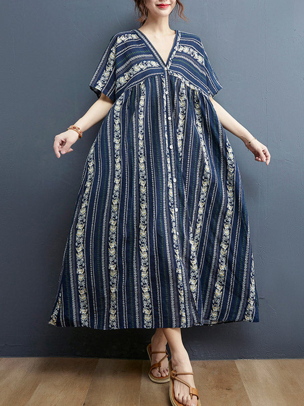 Floral Printed Casual V-Neck Buttoned Midi Dress