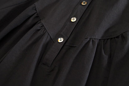 Cotton Solid Black Loose A-Line Long Sleeve Dress