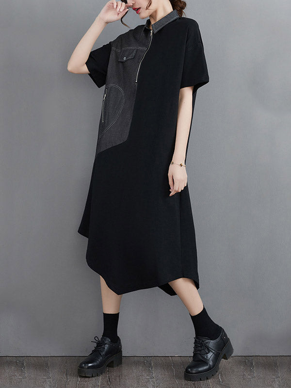 Casual Irregular Split-Joint Half Sleeves Lapel Collar Midi Shirt Dress