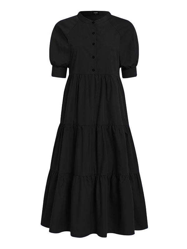 Original Solid Color Split-Joint Pleated Buttoned Stand Collar Half Puff Sleeves Midi Dress