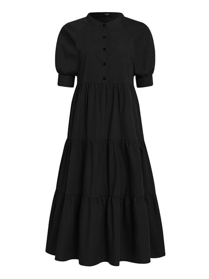 Original Solid Color Split-Joint Pleated Buttoned Stand Collar Half Puff Sleeves Midi Dress