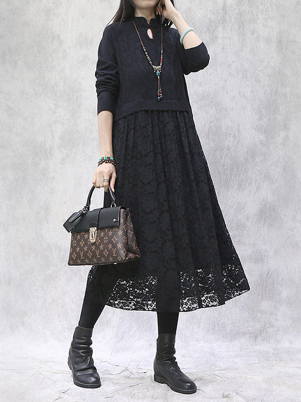 Artistic Retro Solid Color Split-Joint Buttoned Embroidered Hollow Lace Stand Collar Long Sleeves Knitted Sweater Dress