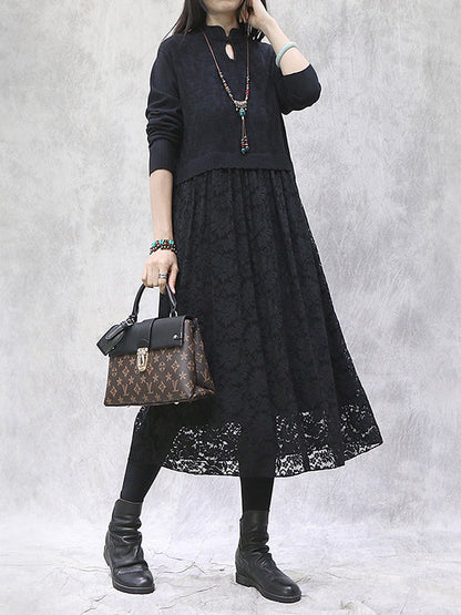 Artistic Retro Solid Color Split-Joint Buttoned Embroidered Hollow Lace Stand Collar Long Sleeves Knitted Sweater Dress