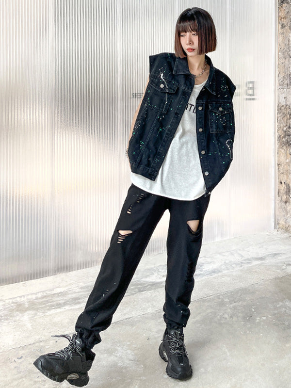 Original Denim Split-Joint With Pocket Splash Ink Buttoned Lapel Collar Sleeveless Vest Outwear