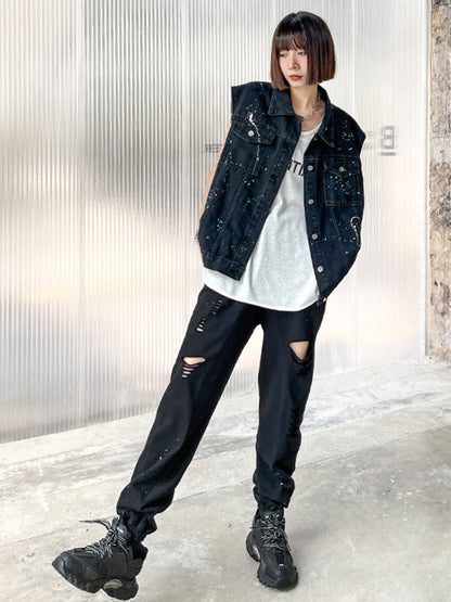 Original Denim Split-Joint With Pocket Splash Ink Buttoned Lapel Collar Sleeveless Vest Outwear