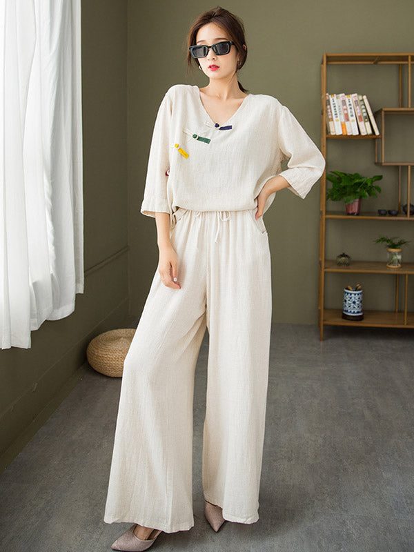 Original Casual Loose Linen Irregular Buttoned V-Neck Long Sleeves T-Shirt Tops&Wide Legs Casual Pants 2 Pieces Set