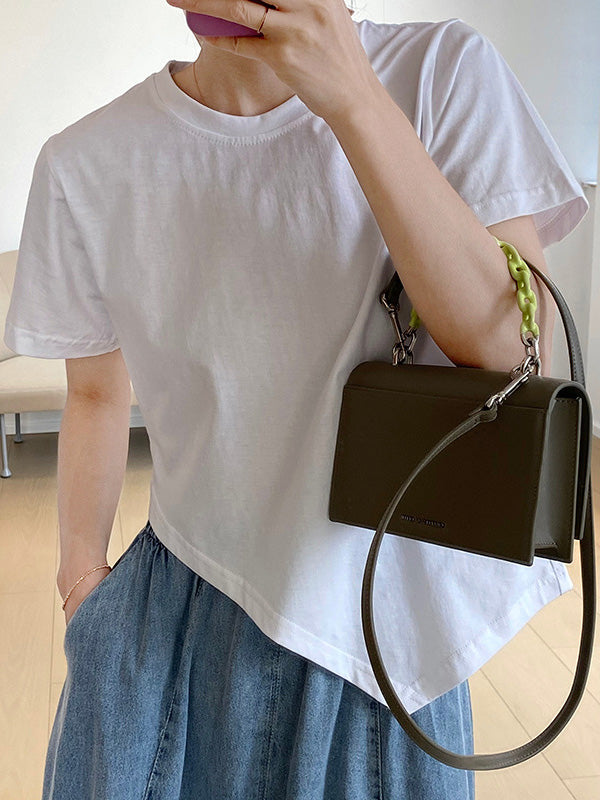 Casual Solid Color Asymmetric Round-Neck Short Sleeves T-Shirt