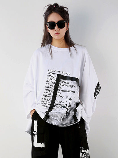 Casual Long Sleeves Loose Letter Print Round-Neck T-Shirts Tops