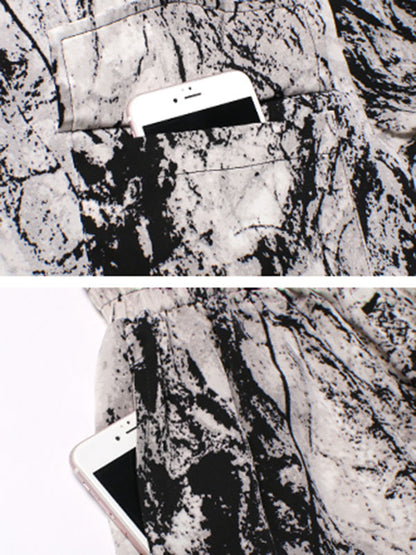 Fashion Ink-Printing Lapel Long Sleeves Blouse+ Elastics Wide Leg Shorts Suit