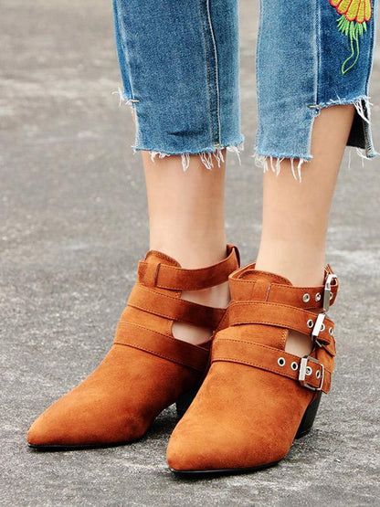 Vintage Hollow Buckle Pointed Booties