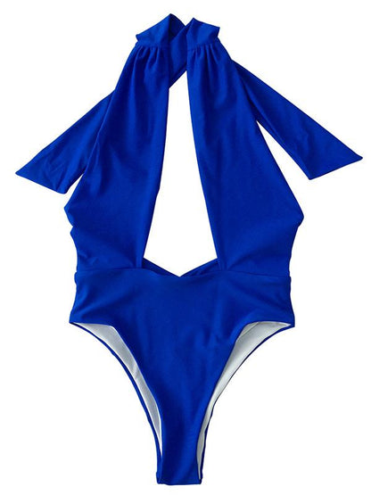 Solid Bandage Halter-neck One-piece Swimwear