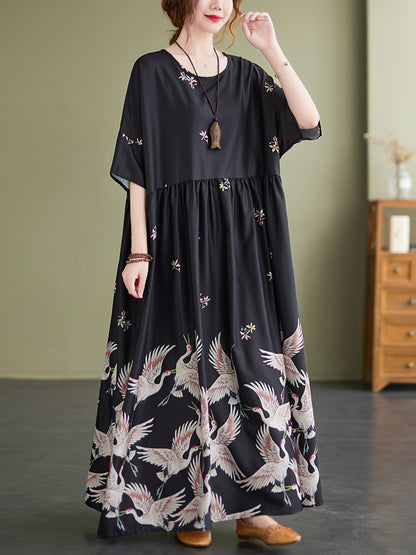 Stylish Crane Print Split-Joint Pleated Half Sleeves Maxi Dress