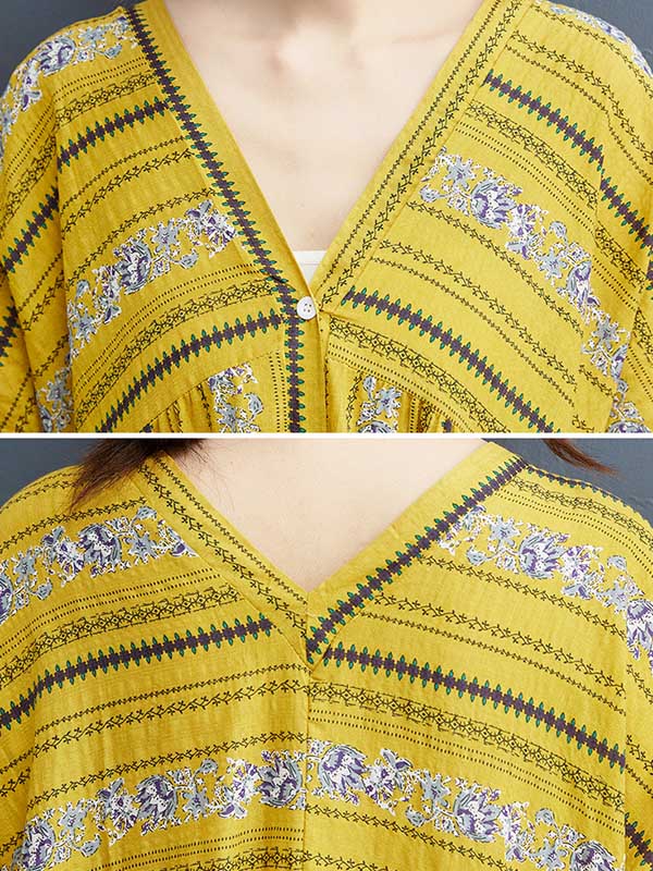 Floral Printed Casual V-Neck Buttoned Midi Dress