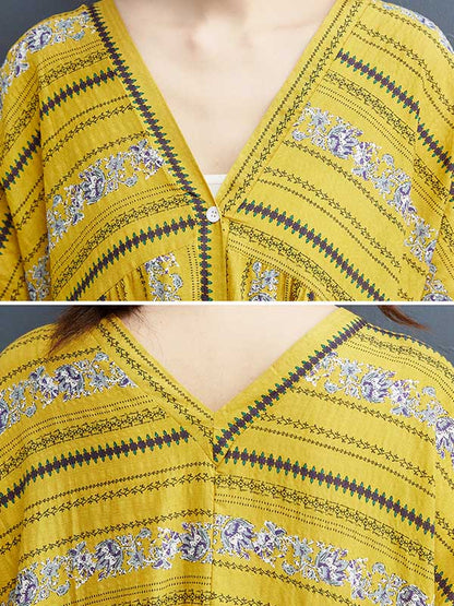 Floral Printed Casual V-Neck Buttoned Midi Dress