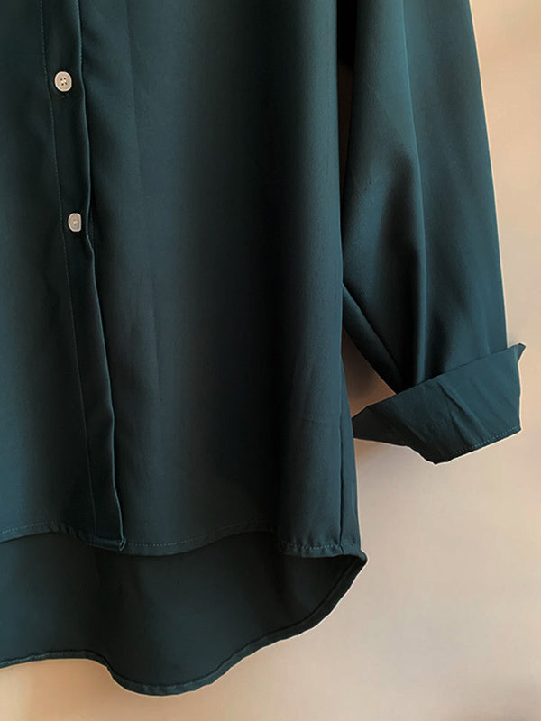Simple Solid Color Buttoned Lapel Long Sleeves Blouse Tops