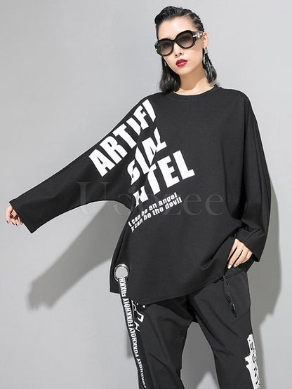 Casual Letter Printed Circular Hole Ribbon T-shirt