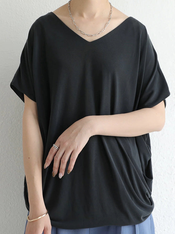 Simple Solid Color Batwing Sleeves V-Neck Shirts