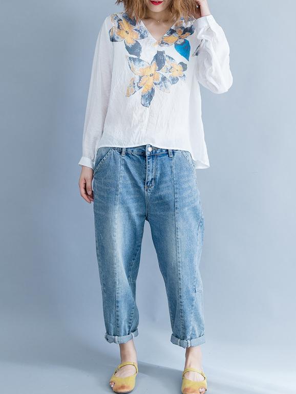 Loose Plus Size Flower Printed Blouse Tops