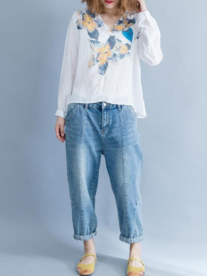 Loose Plus Size Flower Printed Blouse Tops