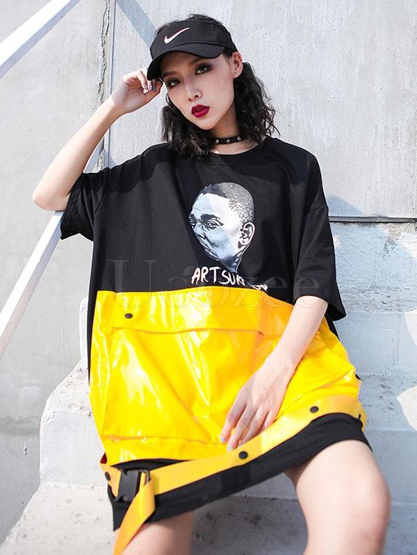 Loose Split-joint Color-block Pocket T-shirt
