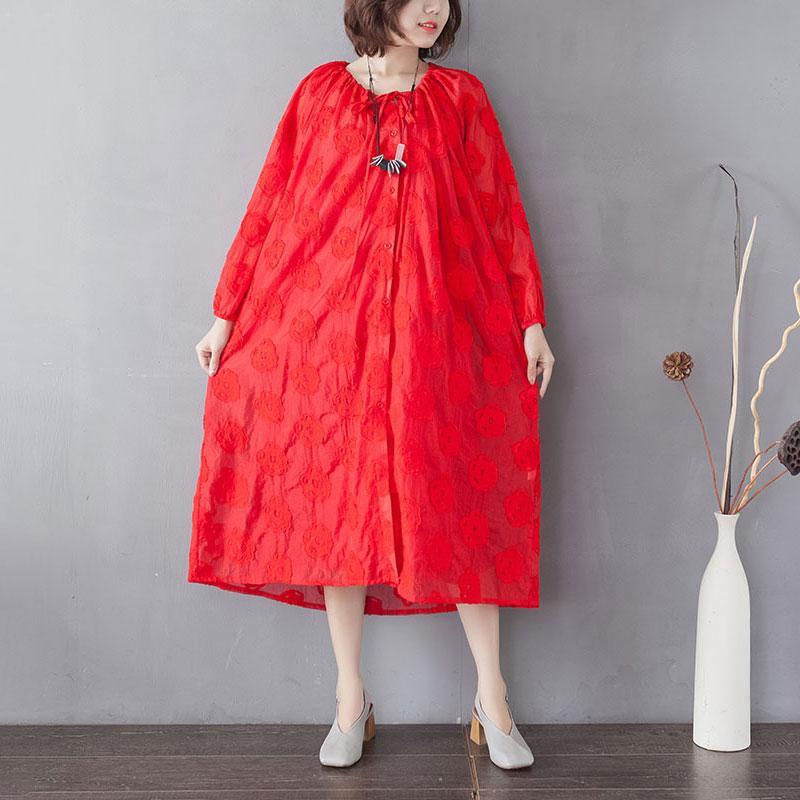 Embroidery Long Sleeve Lacing Single Breasted Red Dress