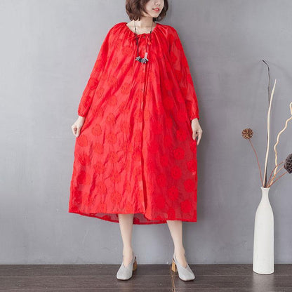 Embroidery Long Sleeve Lacing Single Breasted Red Dress