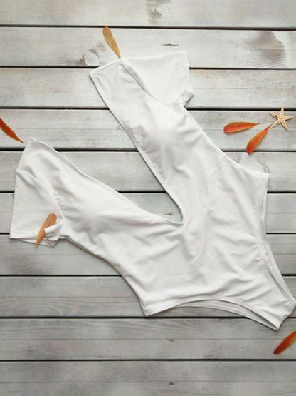 Deep V-neck Short Sleeves One-piece Swimwear