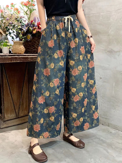 Loose Artistic Retro Wide Legs Floral Printed Jean Pants