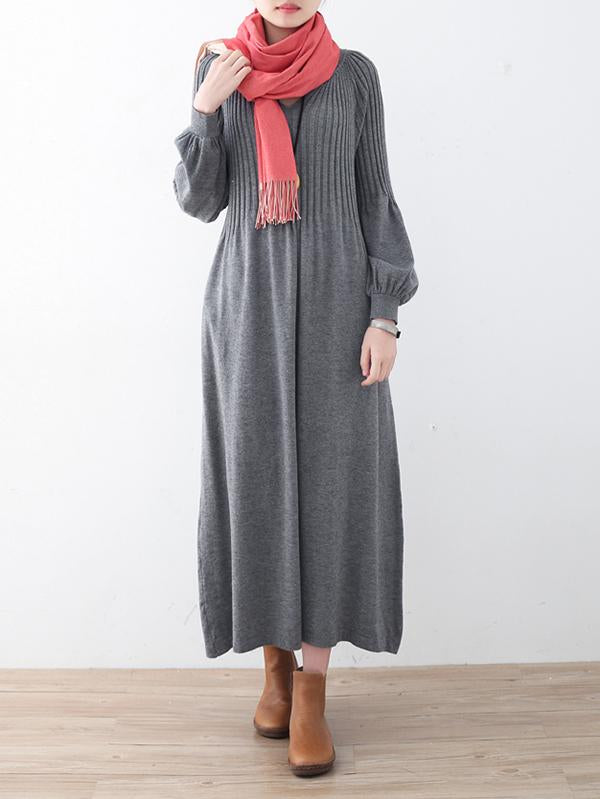 Solid Puff Sleeves Elastic Waist Sweater V-Neck Dress